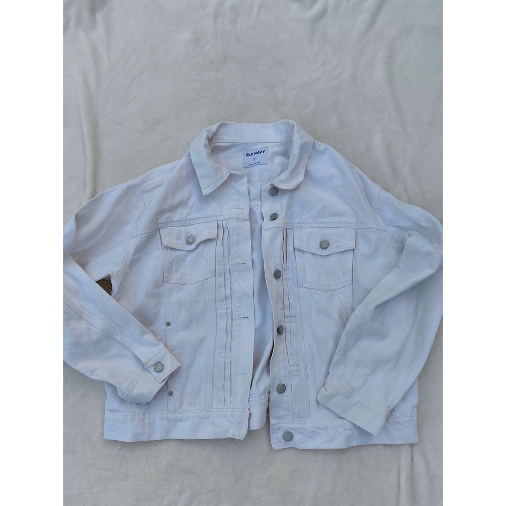 Old Navy White Denim Jacket XL Pleated Front Trucker Jean Jacket Womens